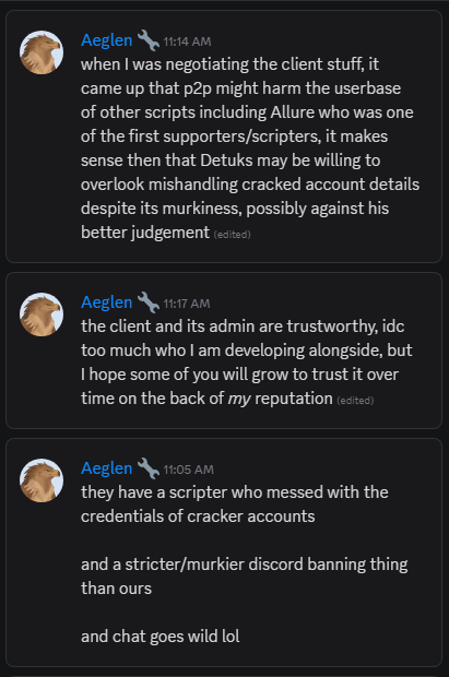 Aeglen Discord messages: 'Detuks may be willing to overlook mishandling cracked account details... they have a scripter who messed with the credentials of cracker accounts'