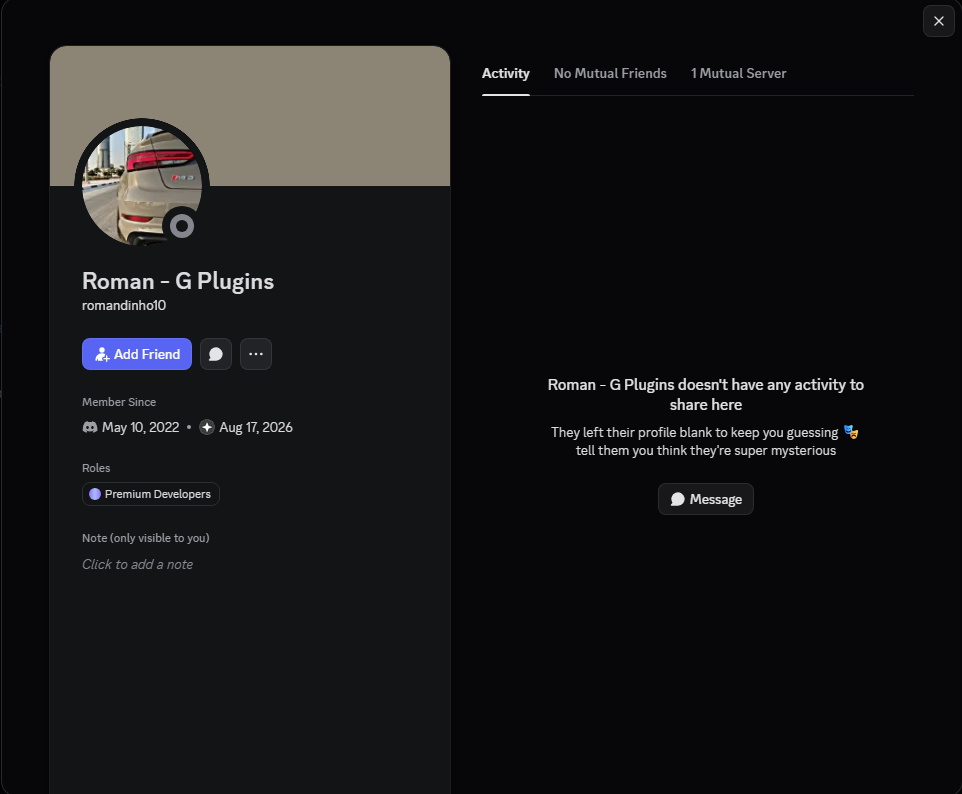 Discord profile of Roman - G Plugins (romandinho10) showing Premium Developers role and join date Aug 17, 2026