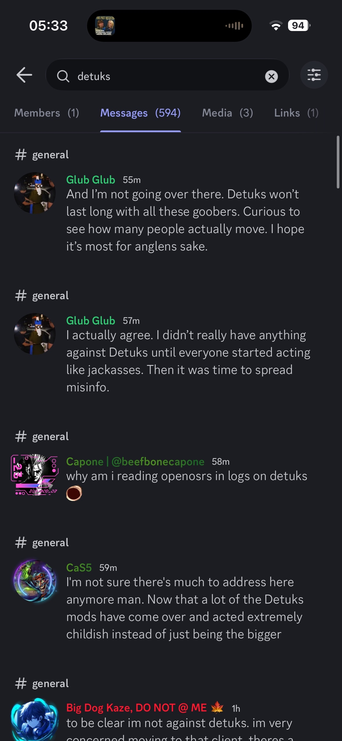Mobile Discord chat: Glub Glub saying 'And I'm not going over there. Detuks won't last long with all these goobers', Capone asking 'why am i reading openosrs in logs on detuks', CaS5 saying Detuks mods 'acted extremely childish', Big Dog Kaze 'im very concerned moving to that client'