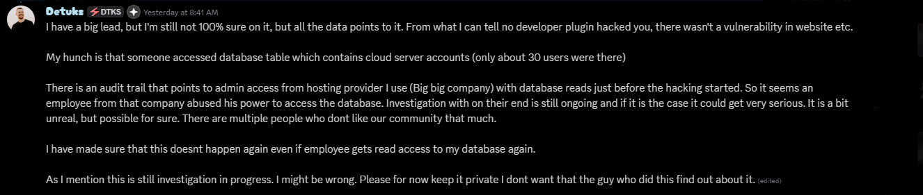 Detuks (DTKS) message: a database table with cloud server accounts of about 30 users was accessed, audit trail points to admin access from the hosting provider just before the hacking started — asking victims to keep it private while the investigation is ongoing
